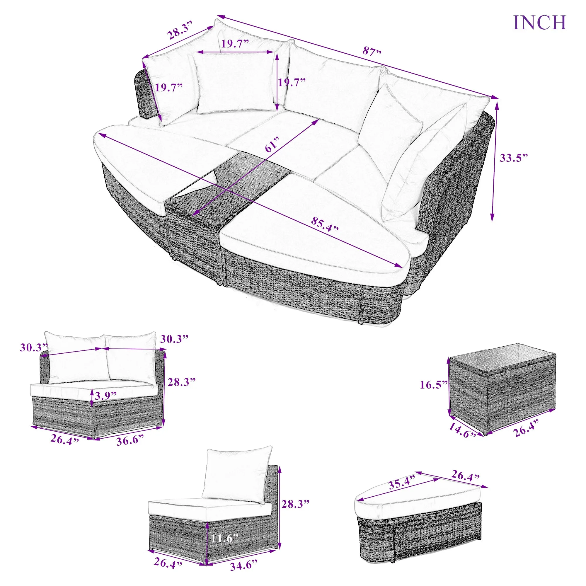 Scarlett 6 Pc Patio Outdoor Conversation Round Sofa Set - Brown