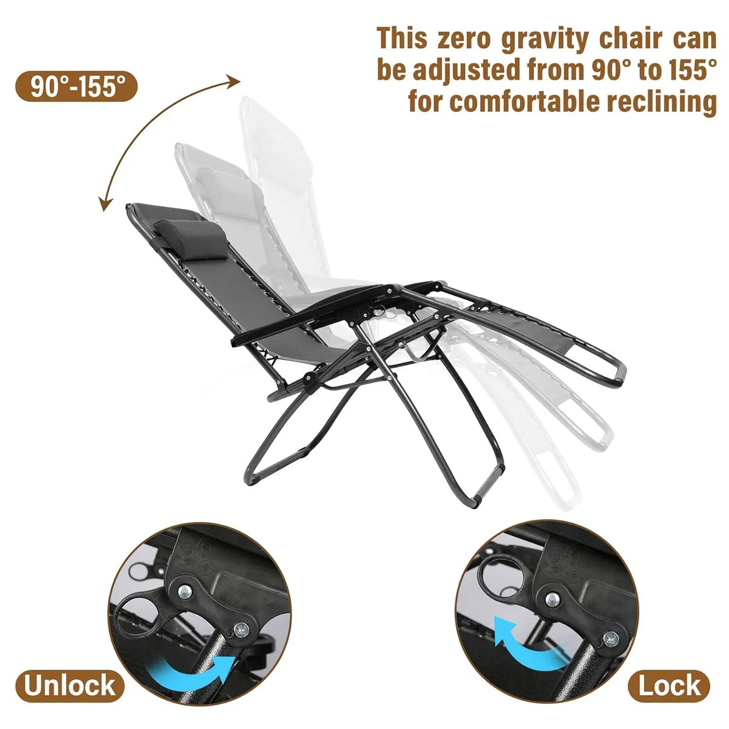 Set of 2 Adjustable Zero Gravity Chairs, Folding Reclining Patio Lounge Chairs with Pillow, Gray