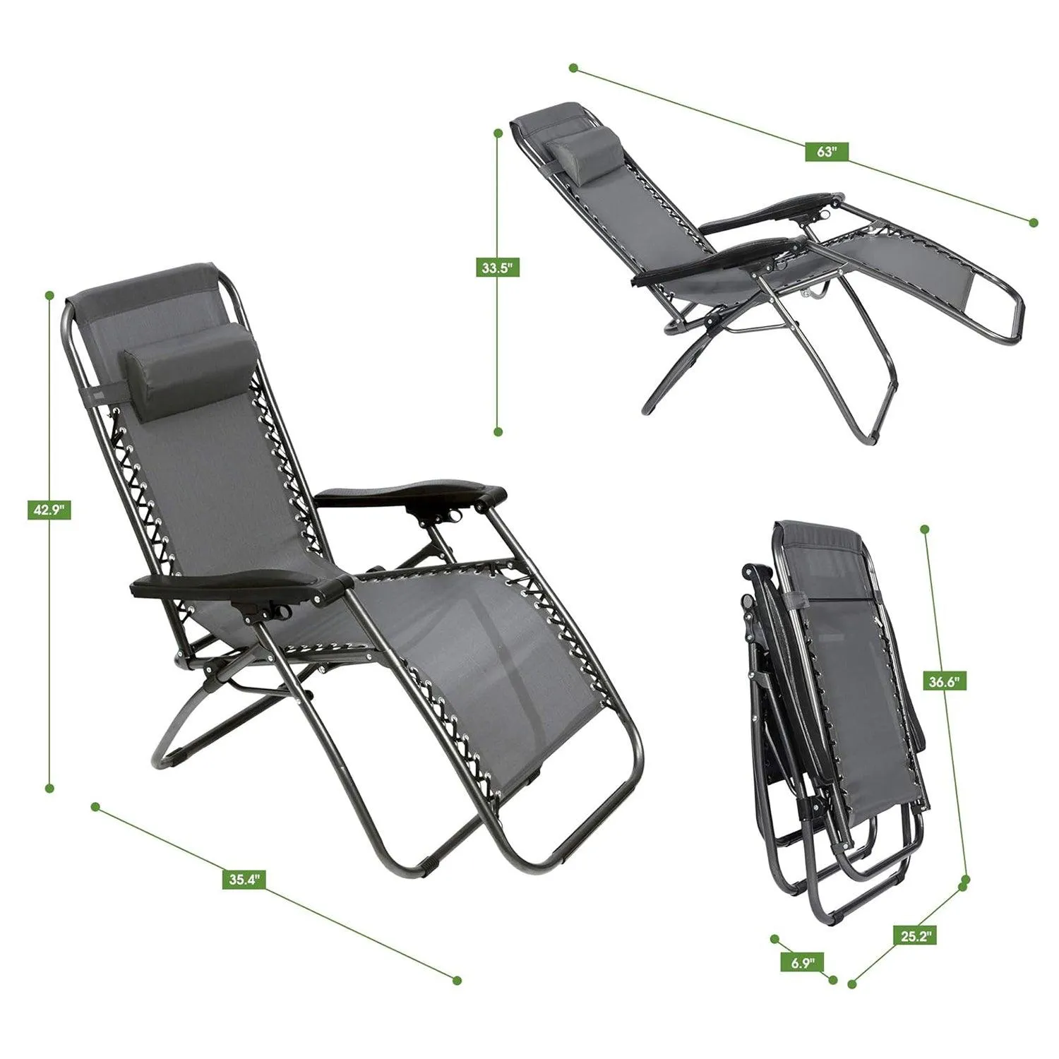 Set of 2 Adjustable Zero Gravity Chairs, Folding Reclining Patio Lounge Chairs with Pillow, Gray