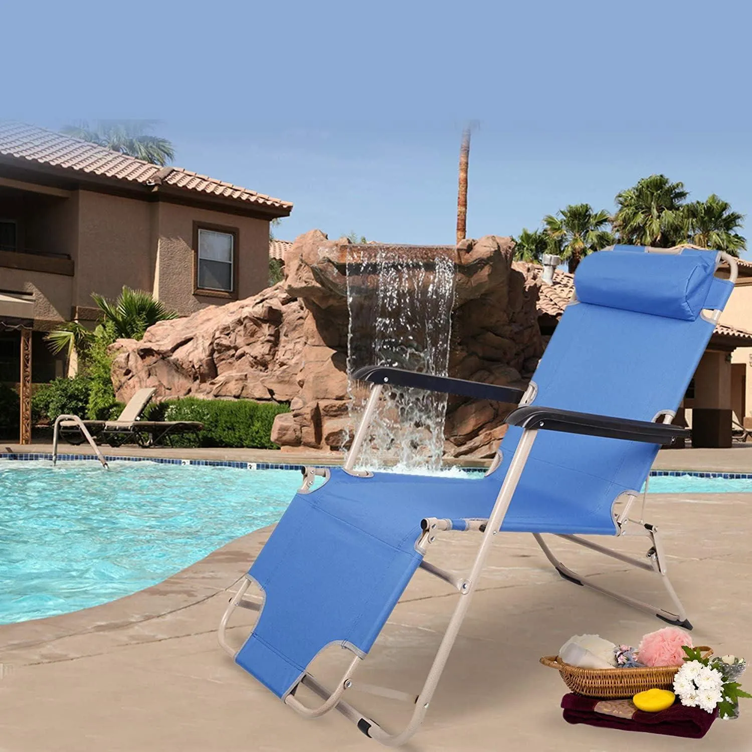 Set of 2 Portable Chaise Lounge Chair 60"L Flat Folding Outdoor Recliner Chairs, Blue