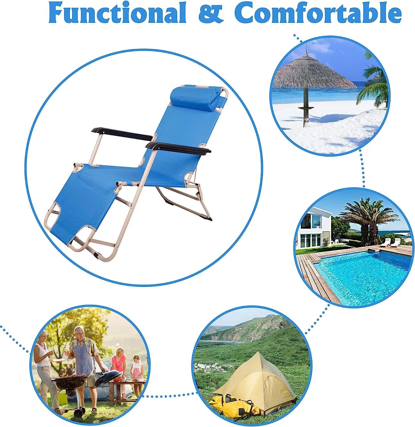 Set of 2 Portable Chaise Lounge Chair 60"L Flat Folding Outdoor Recliner Chairs, Blue