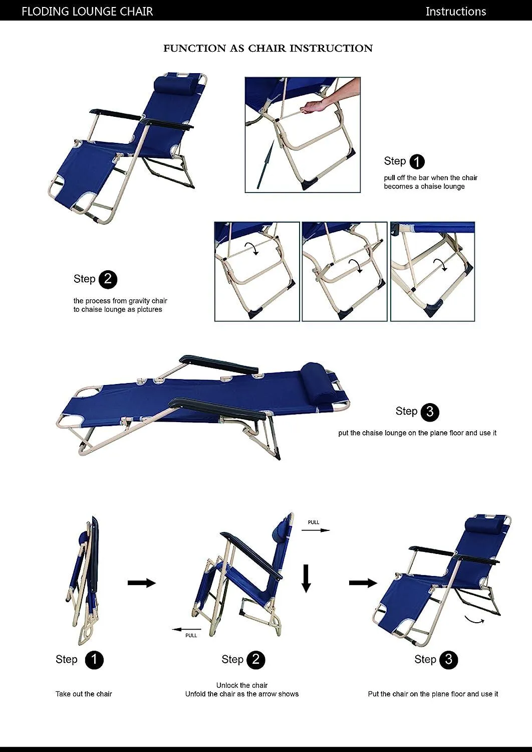 Set of 2 Portable Chaise Lounge Chair 60"L Flat Folding Outdoor Recliner Chairs, Blue