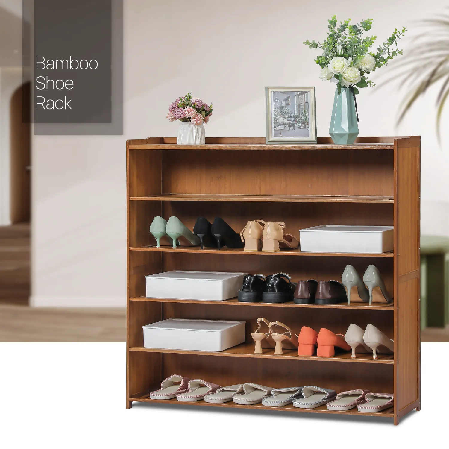 Shoe Organizer - Enclosed Back Panel - 6 Tier - Brown