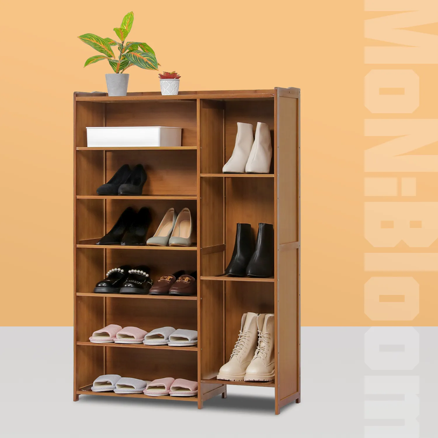 Shoe Organizer - Enclosed Back Panel with Side Boots Storage - 7 Tier - Brown