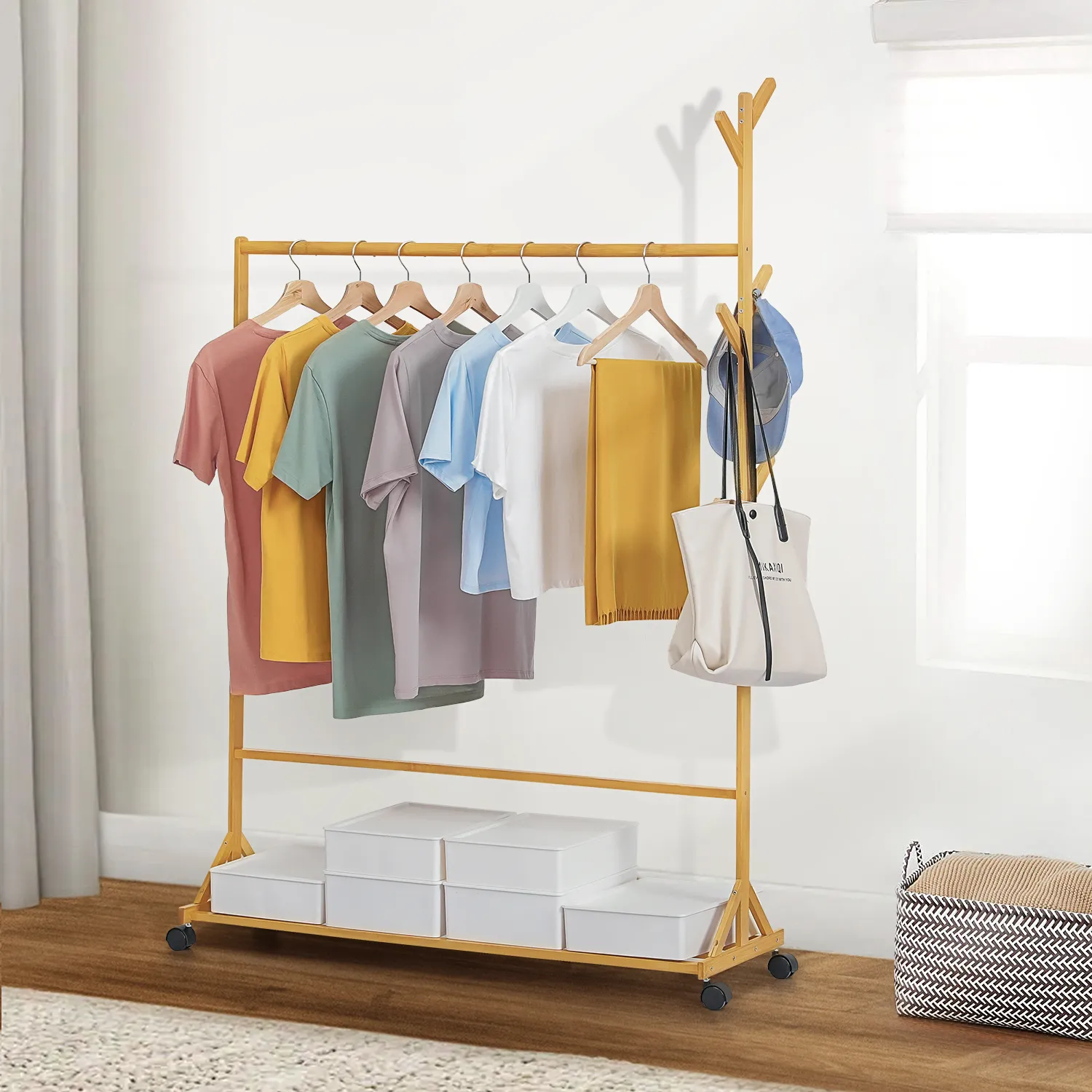 Sliding Garment Clothes Rack - Unequal Top - Natural