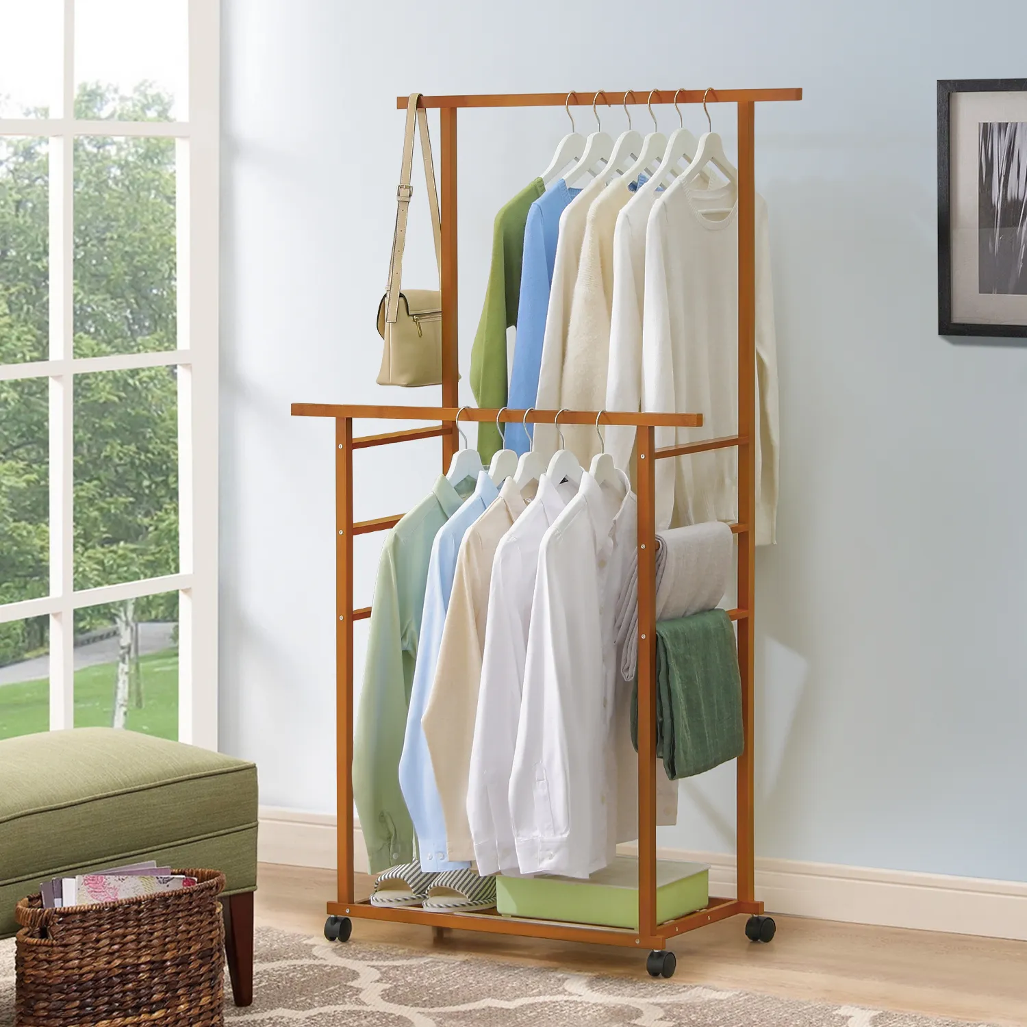 Sliding Garment Double Hanging Clothes Rack - Brown