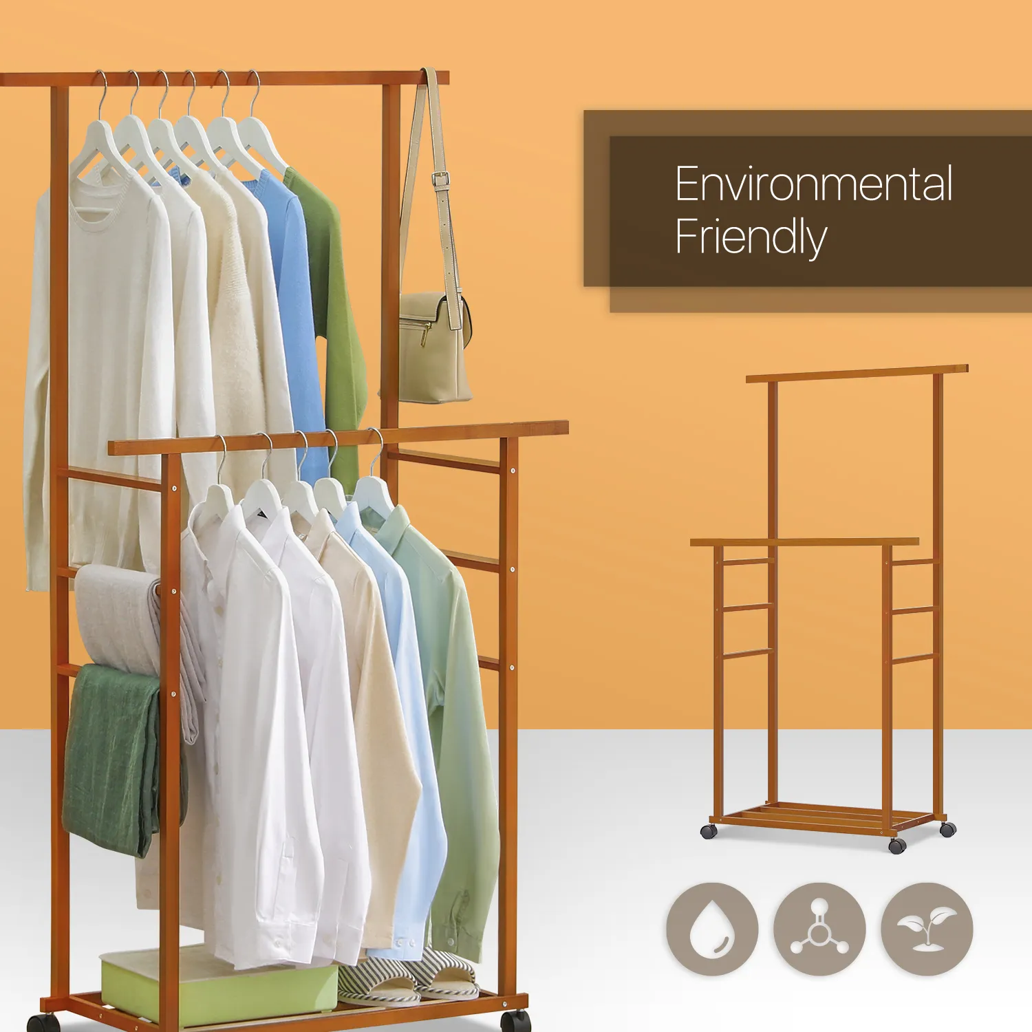 Sliding Garment Double Hanging Clothes Rack - Brown