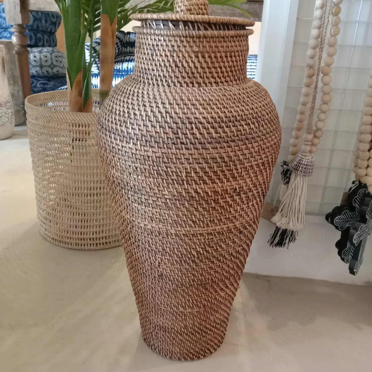 Tall Rattan Cylinder Shaped Basket With Lid