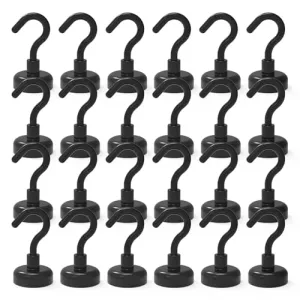 THCMagorilla Black Magnetic Hooks, Strong Neodymium Rare Earth Magnet Hooks for BBQ Fridge Cruise Keys Refrigerator whiteboard Kitchen Indoor Hanging Coat and Office 22LBS Black, Pack of 24