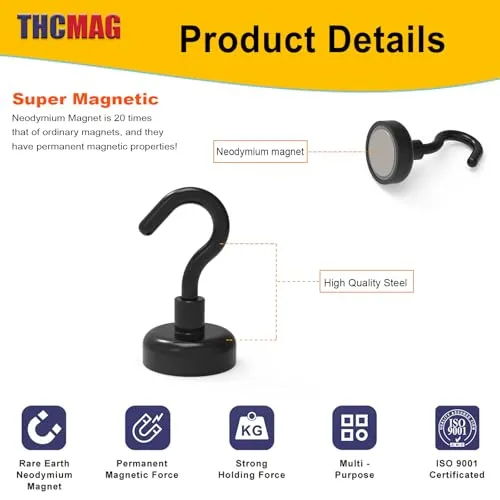 THCMagorilla Black Magnetic Hooks, Strong Neodymium Rare Earth Magnet Hooks for BBQ Fridge Cruise Keys Refrigerator whiteboard Kitchen Indoor Hanging Coat and Office 22LBS Black, Pack of 24