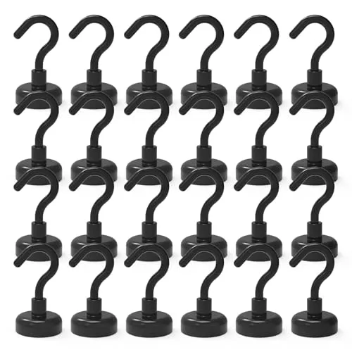 THCMagorilla Black Magnetic Hooks, Strong Neodymium Rare Earth Magnet Hooks for BBQ Fridge Cruise Keys Refrigerator whiteboard Kitchen Indoor Hanging Coat and Office 22LBS Black, Pack of 24