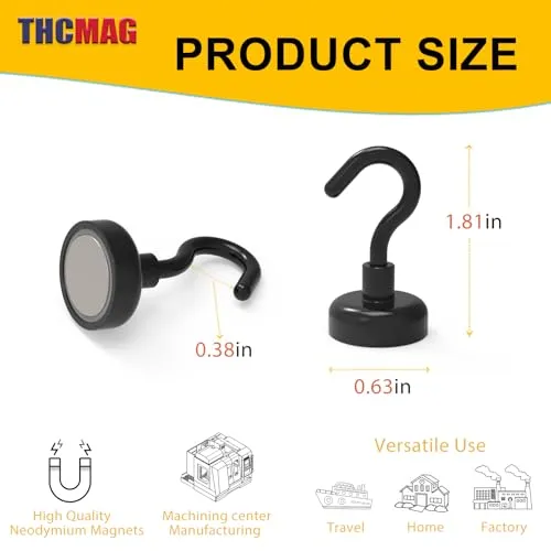 THCMagorilla Black Magnetic Hooks, Strong Neodymium Rare Earth Magnet Hooks for BBQ Fridge Cruise Keys Refrigerator whiteboard Kitchen Indoor Hanging Coat and Office 22LBS Black, Pack of 24