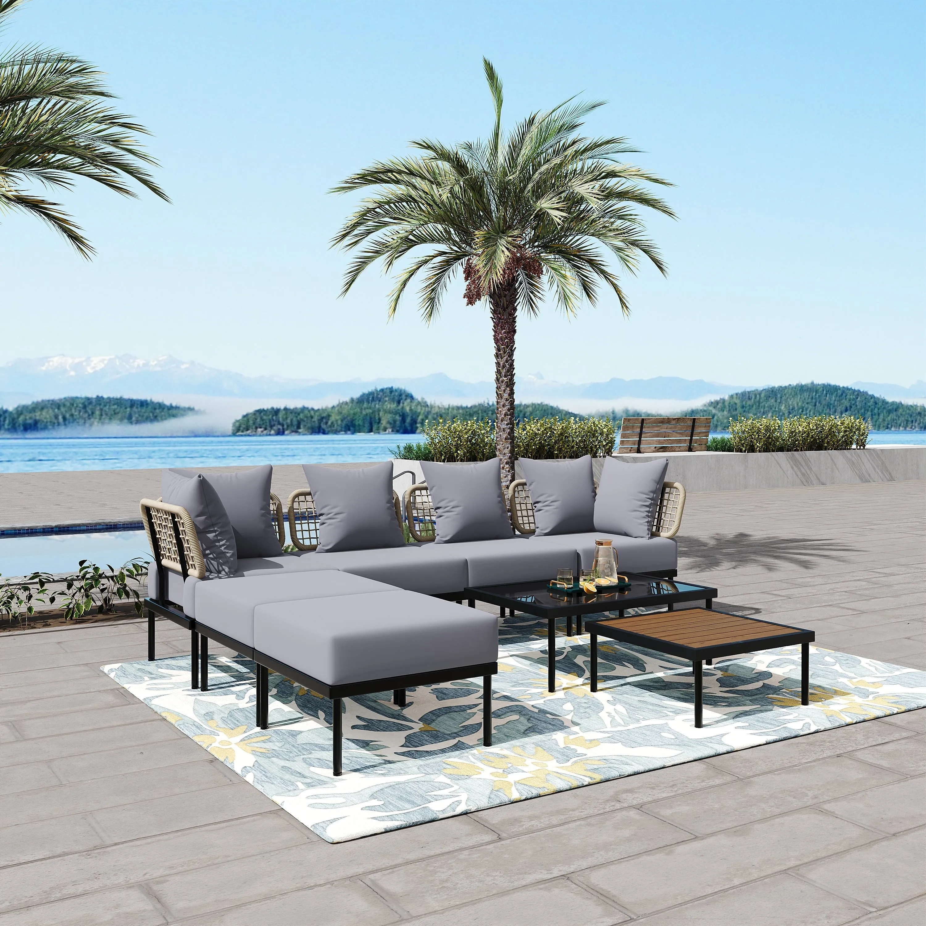 TREXM 8-Piece Patio Sectional Sofa Set with Tempered Glass Coffee Table and Wooden Coffee Table for Outdoor Oasis, Garden, Patio and Poolside (Light Grey Cushion   Black Steel)