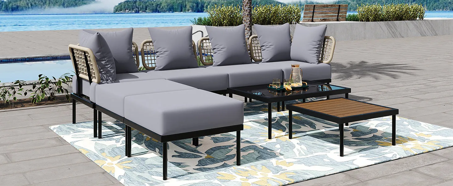 TREXM 8-Piece Patio Sectional Sofa Set with Tempered Glass Coffee Table and Wooden Coffee Table for Outdoor Oasis, Garden, Patio and Poolside (Light Grey Cushion   Black Steel)