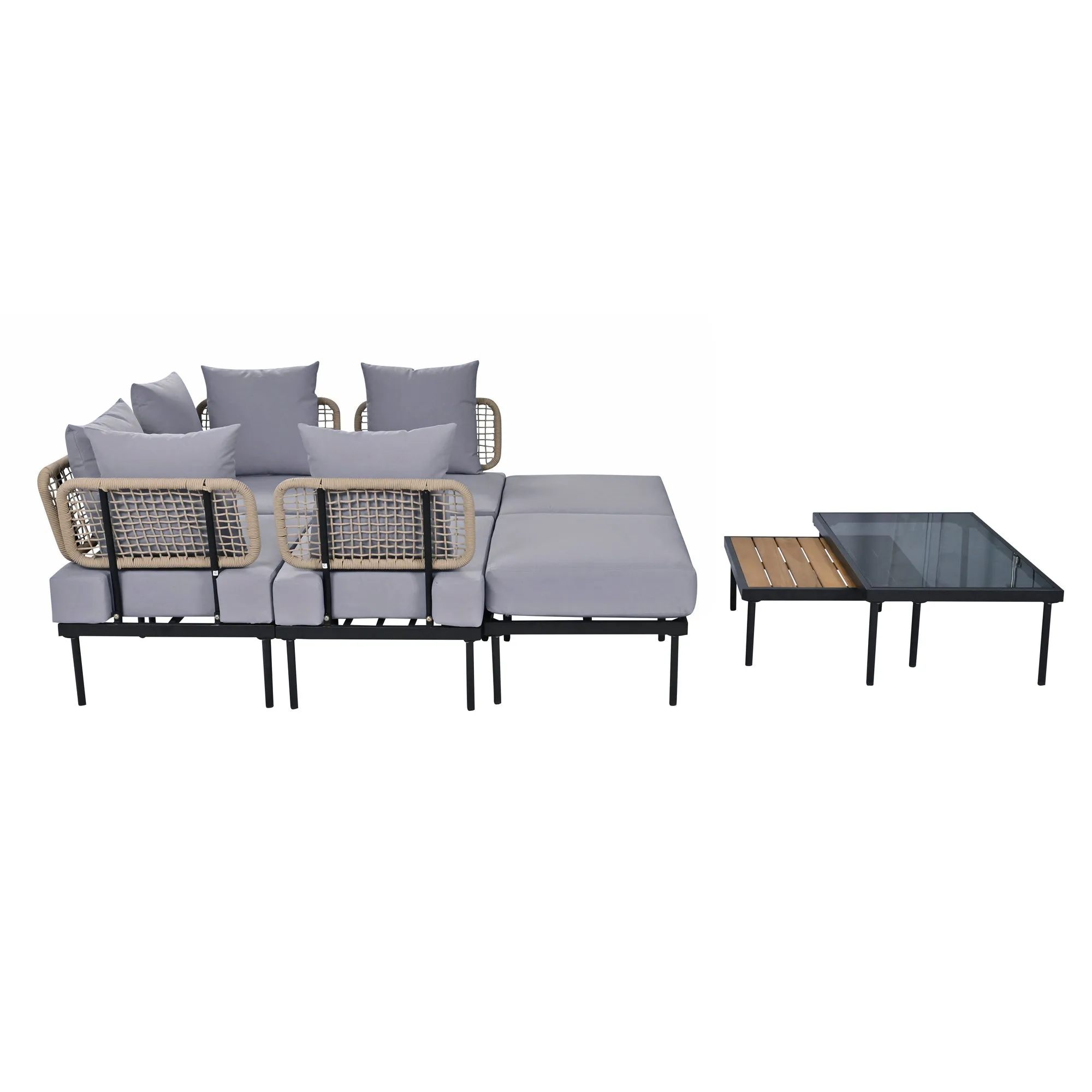 TREXM 8-Piece Patio Sectional Sofa Set with Tempered Glass Coffee Table and Wooden Coffee Table for Outdoor Oasis, Garden, Patio and Poolside (Light Grey Cushion   Black Steel)