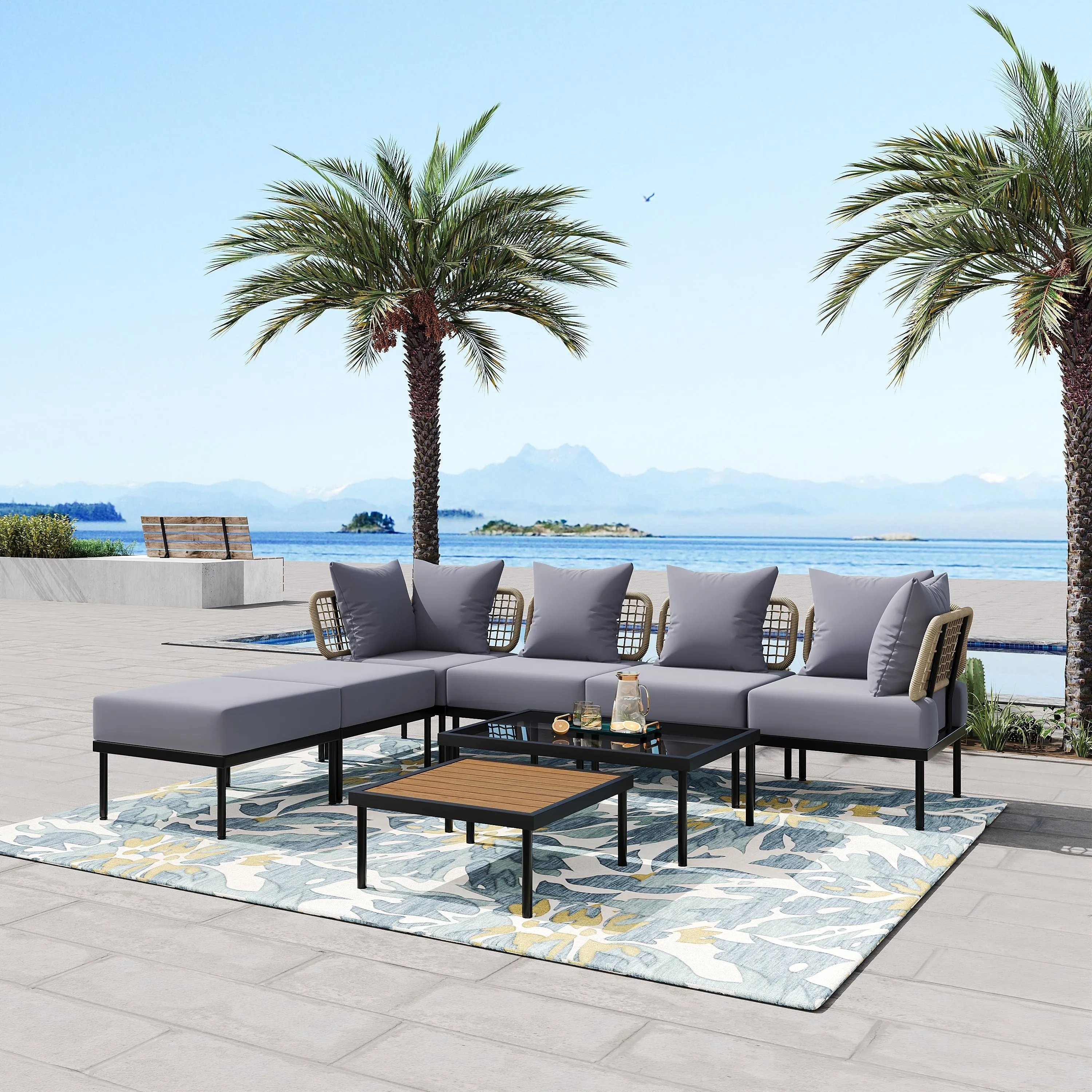 TREXM 8-Piece Patio Sectional Sofa Set with Tempered Glass Coffee Table and Wooden Coffee Table for Outdoor Oasis, Garden, Patio and Poolside (Light Grey Cushion   Black Steel)