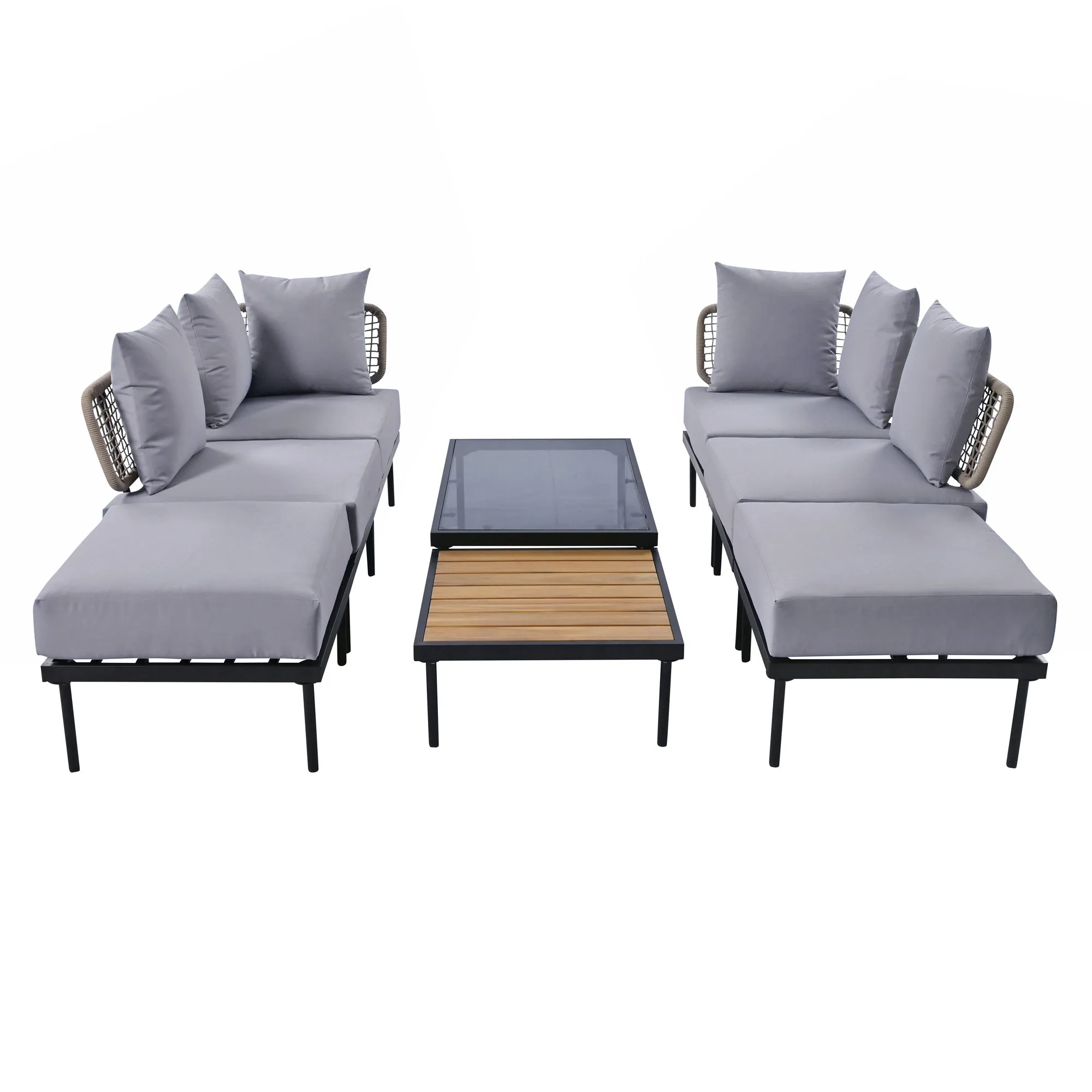 TREXM 8-Piece Patio Sectional Sofa Set with Tempered Glass Coffee Table and Wooden Coffee Table for Outdoor Oasis, Garden, Patio and Poolside (Light Grey Cushion   Black Steel)