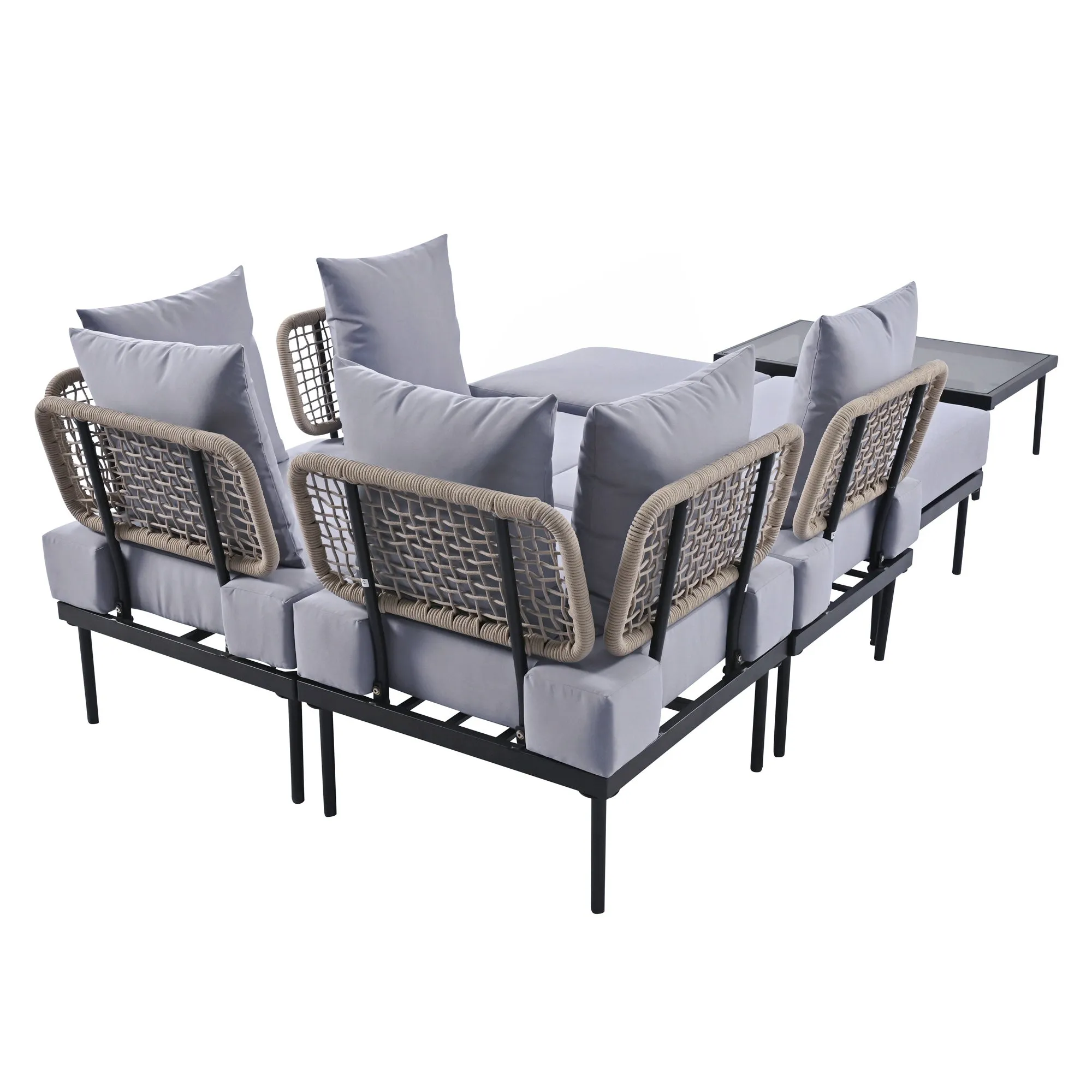 TREXM 8-Piece Patio Sectional Sofa Set with Tempered Glass Coffee Table and Wooden Coffee Table for Outdoor Oasis, Garden, Patio and Poolside (Light Grey Cushion   Black Steel)