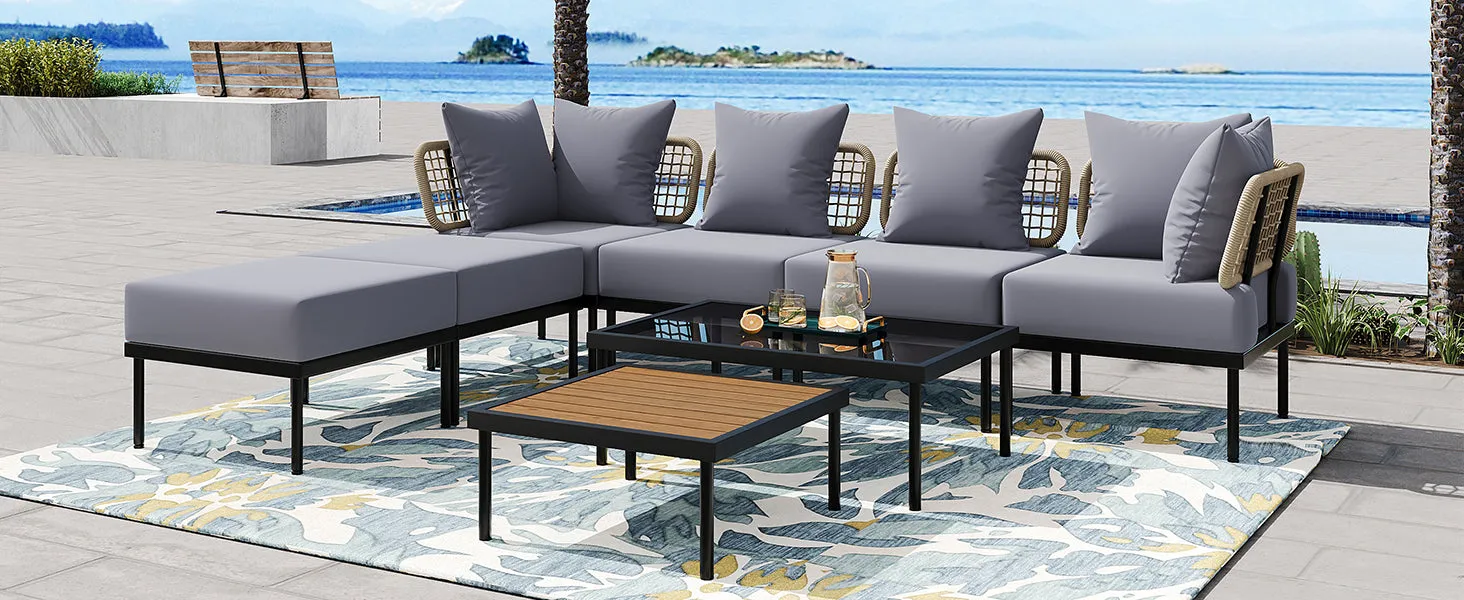 TREXM 8-Piece Patio Sectional Sofa Set with Tempered Glass Coffee Table and Wooden Coffee Table for Outdoor Oasis, Garden, Patio and Poolside (Light Grey Cushion   Black Steel)