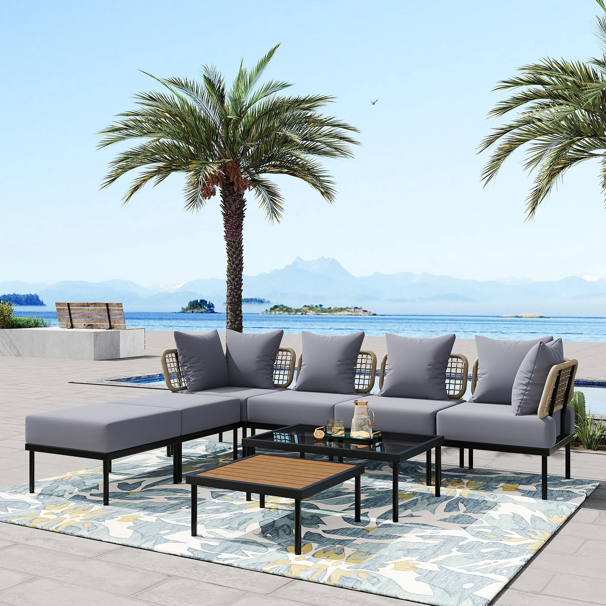 TREXM 8-Piece Patio Sectional Sofa Set with Tempered Glass Coffee Table and Wooden Coffee Table for Outdoor Oasis, Garden, Patio and Poolside (Light Grey Cushion   Black Steel)