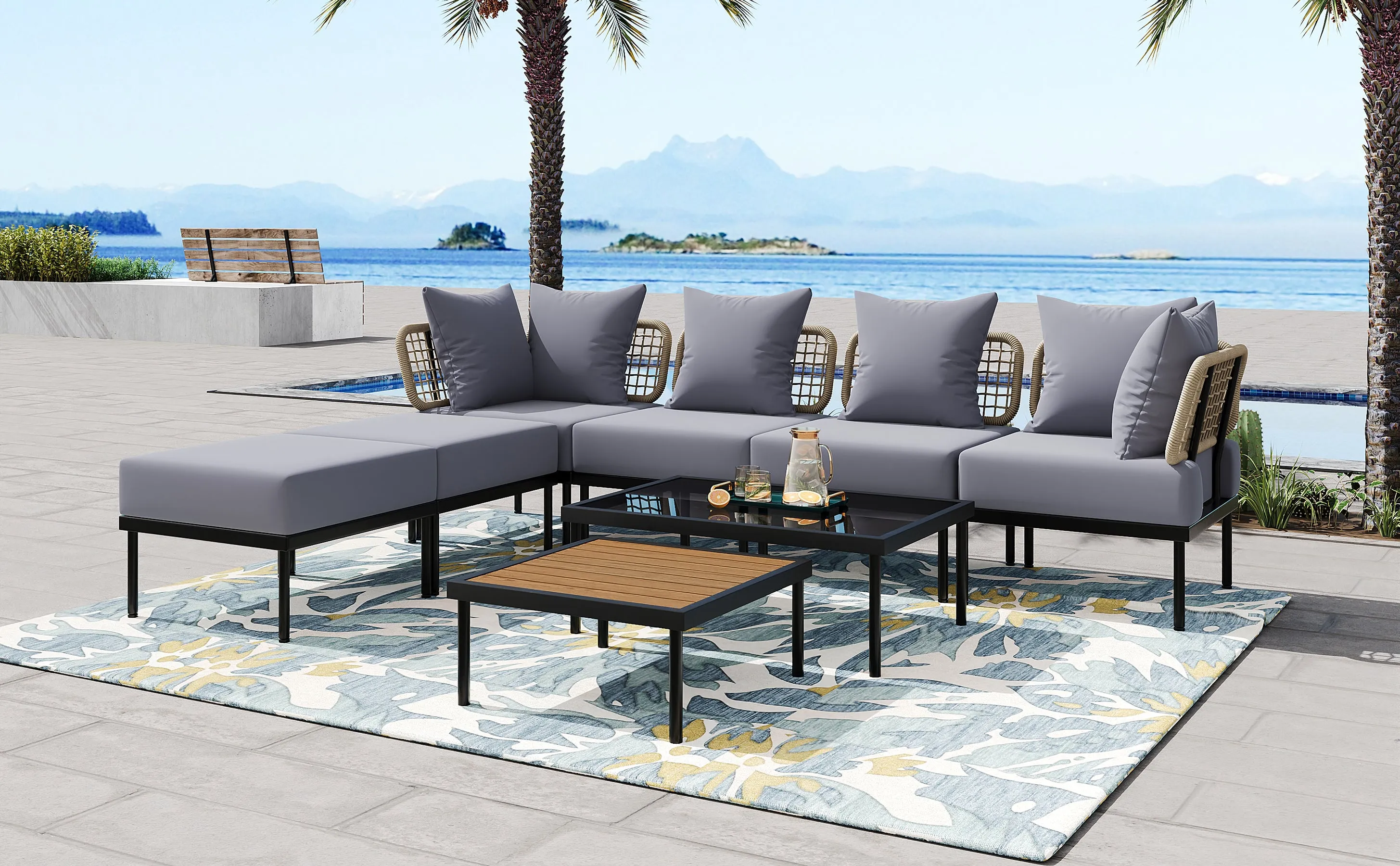 TREXM 8-Piece Patio Sectional Sofa Set with Tempered Glass Coffee Table and Wooden Coffee Table for Outdoor Oasis, Garden, Patio and Poolside (Light Grey Cushion   Black Steel)