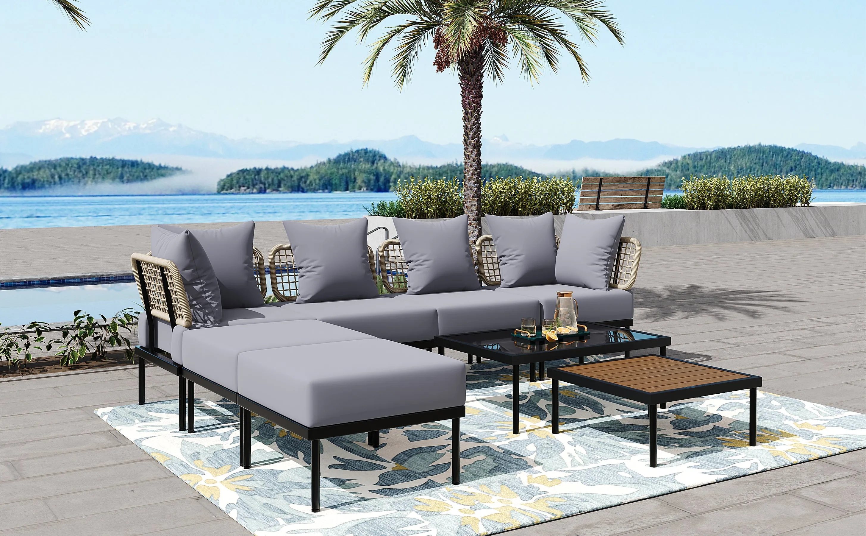 TREXM 8-Piece Patio Sectional Sofa Set with Tempered Glass Coffee Table and Wooden Coffee Table for Outdoor Oasis, Garden, Patio and Poolside (Light Grey Cushion   Black Steel)