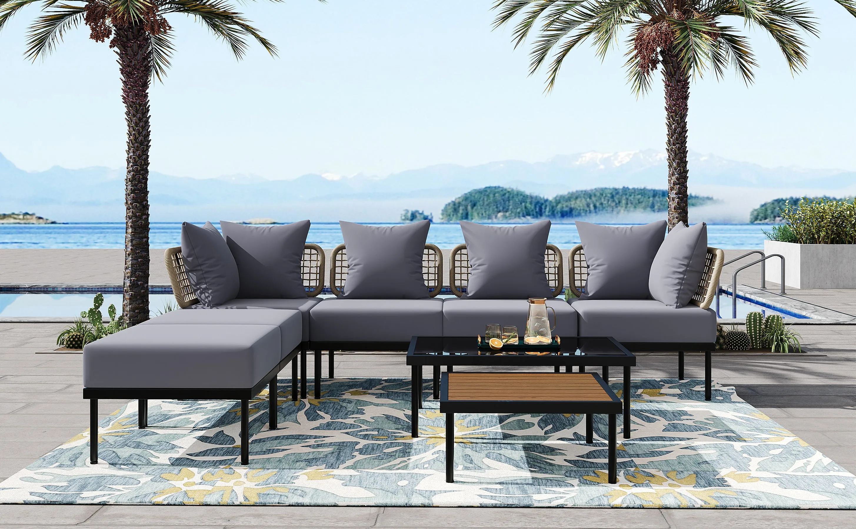 TREXM 8-Piece Patio Sectional Sofa Set with Tempered Glass Coffee Table and Wooden Coffee Table for Outdoor Oasis, Garden, Patio and Poolside (Light Grey Cushion   Black Steel)