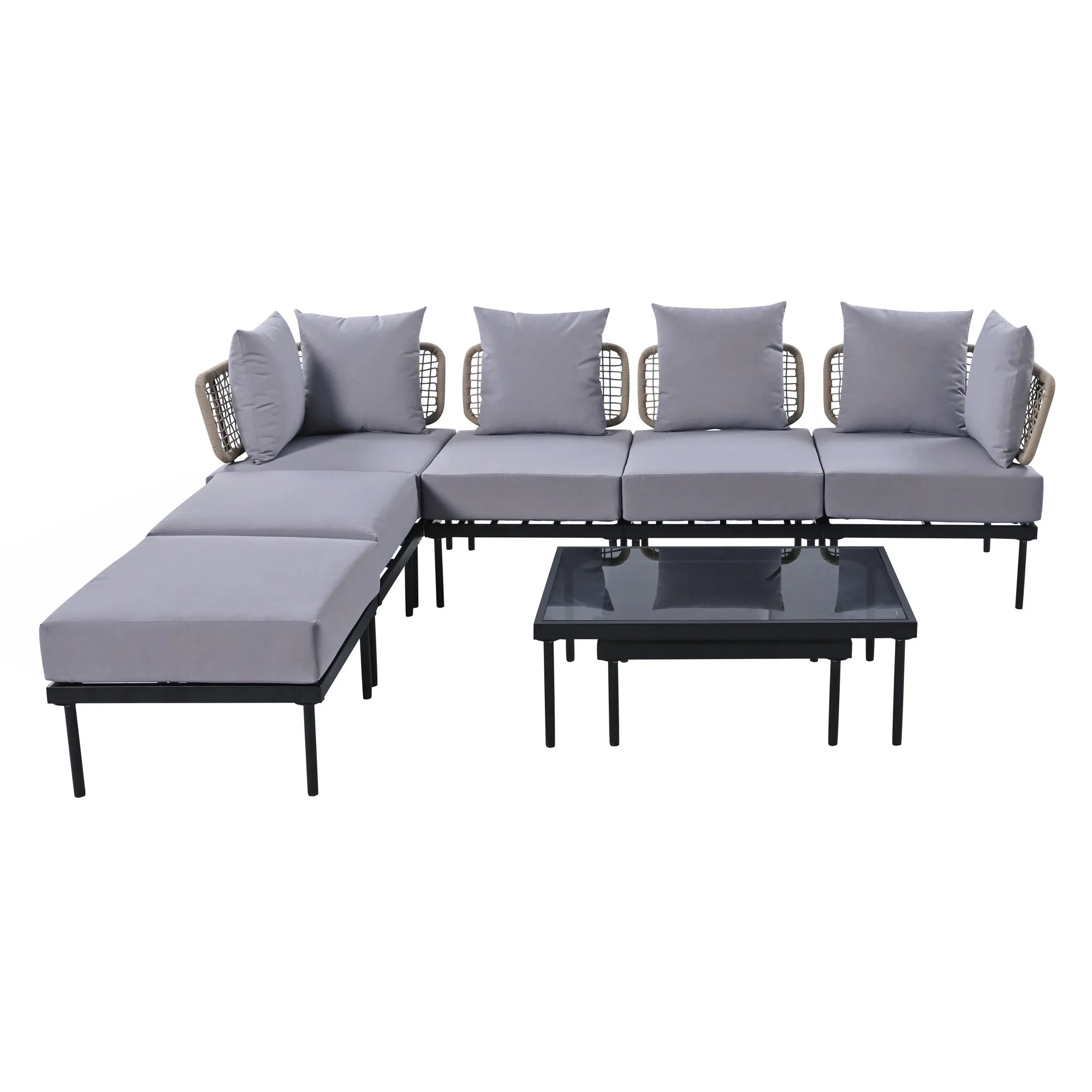 TREXM 8-Piece Patio Sectional Sofa Set with Tempered Glass Coffee Table and Wooden Coffee Table for Outdoor Oasis, Garden, Patio and Poolside (Light Grey Cushion   Black Steel)