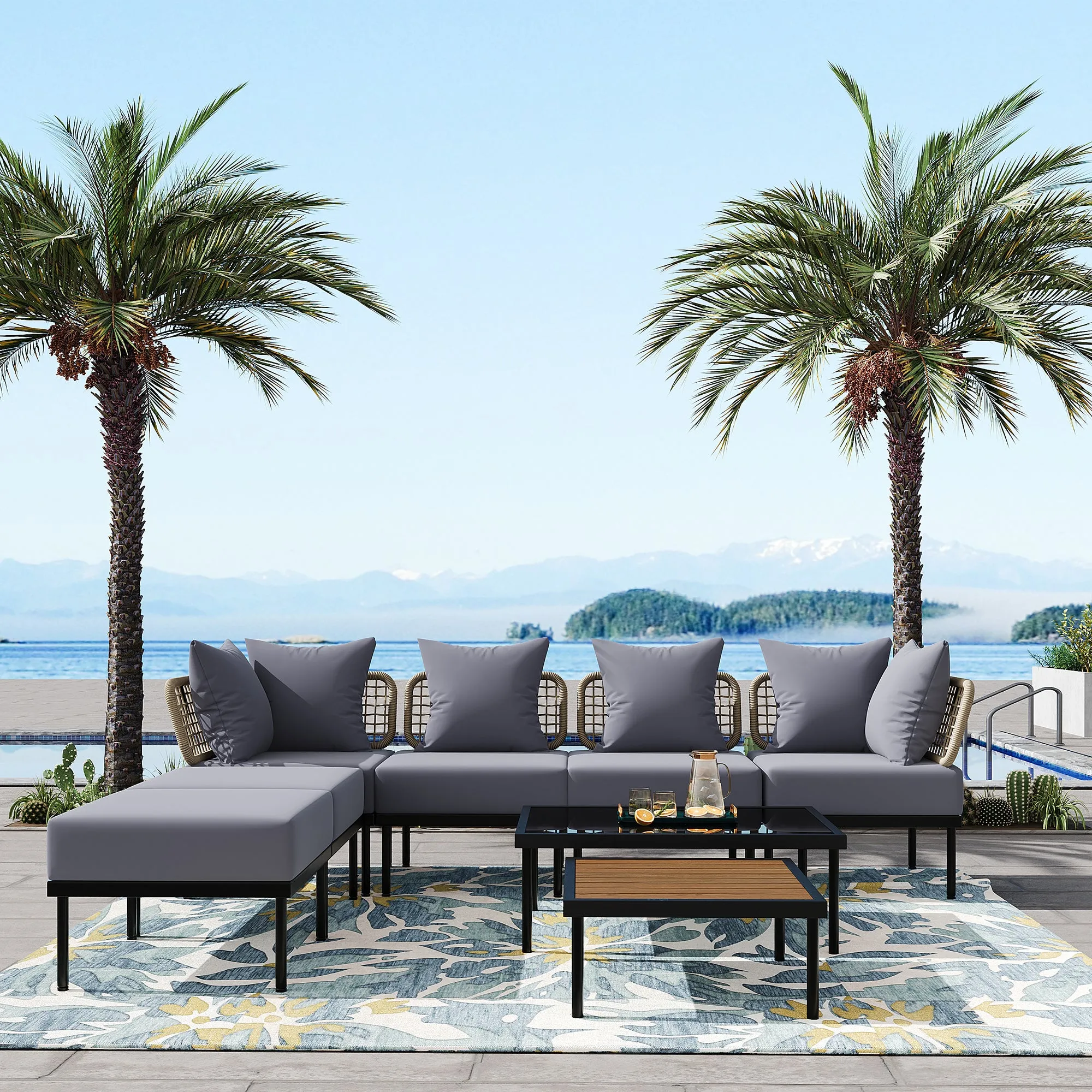 TREXM 8-Piece Patio Sectional Sofa Set with Tempered Glass Coffee Table and Wooden Coffee Table for Outdoor Oasis, Garden, Patio and Poolside (Light Grey Cushion   Black Steel)