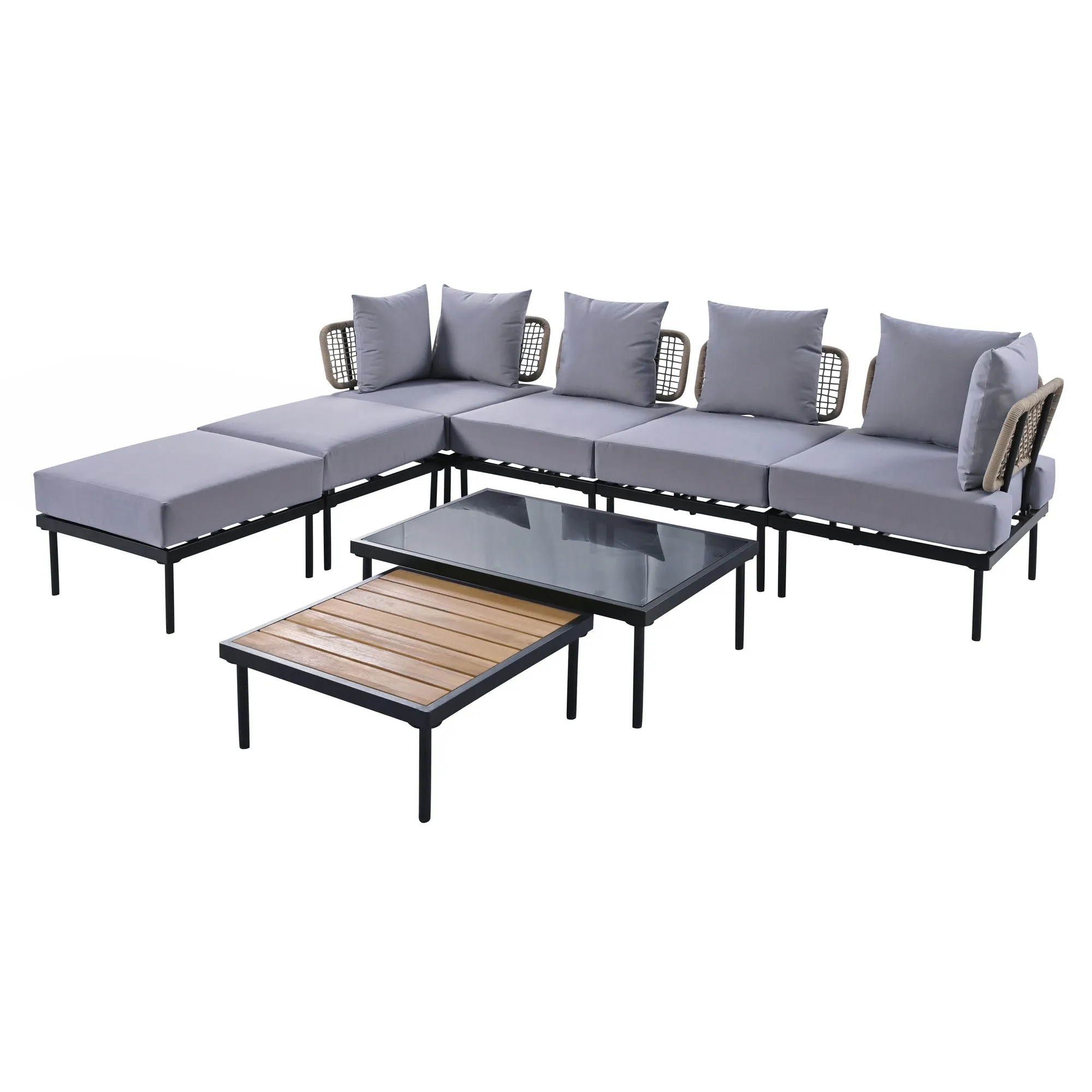 TREXM 8-Piece Patio Sectional Sofa Set with Tempered Glass Coffee Table and Wooden Coffee Table for Outdoor Oasis, Garden, Patio and Poolside (Light Grey Cushion   Black Steel)