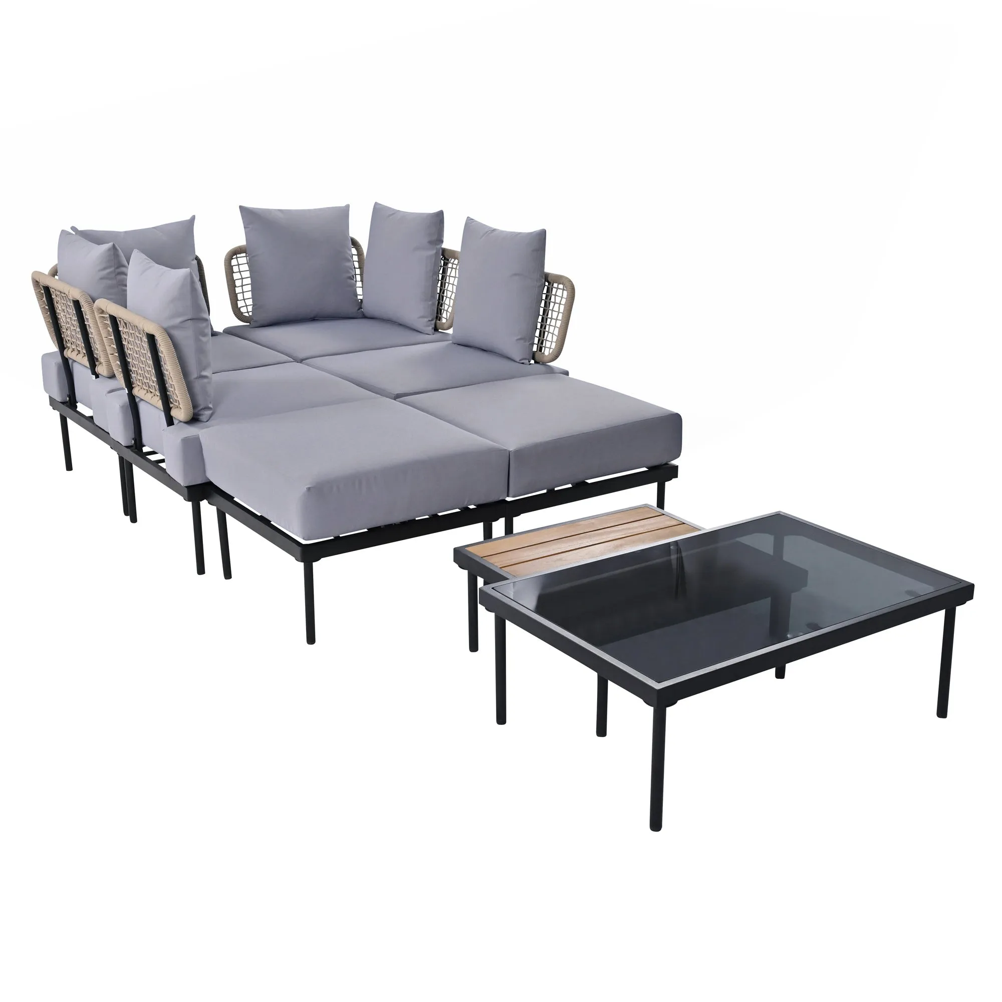 TREXM 8-Piece Patio Sectional Sofa Set with Tempered Glass Coffee Table and Wooden Coffee Table for Outdoor Oasis, Garden, Patio and Poolside (Light Grey Cushion   Black Steel)