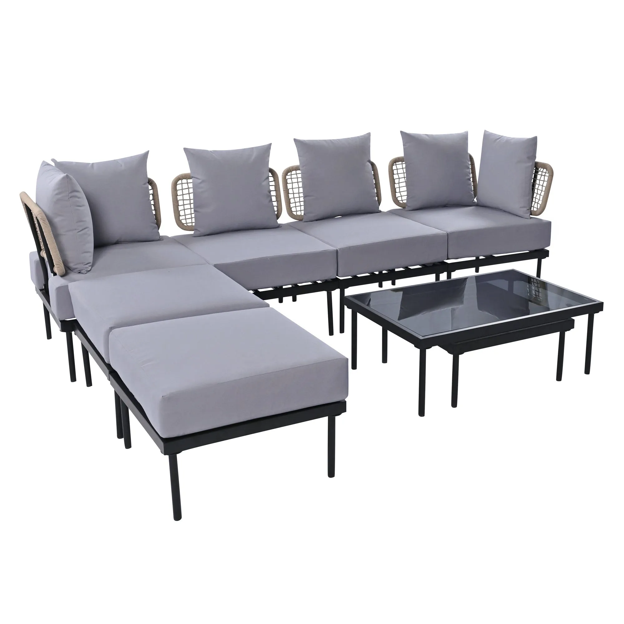 TREXM 8-Piece Patio Sectional Sofa Set with Tempered Glass Coffee Table and Wooden Coffee Table for Outdoor Oasis, Garden, Patio and Poolside (Light Grey Cushion   Black Steel)