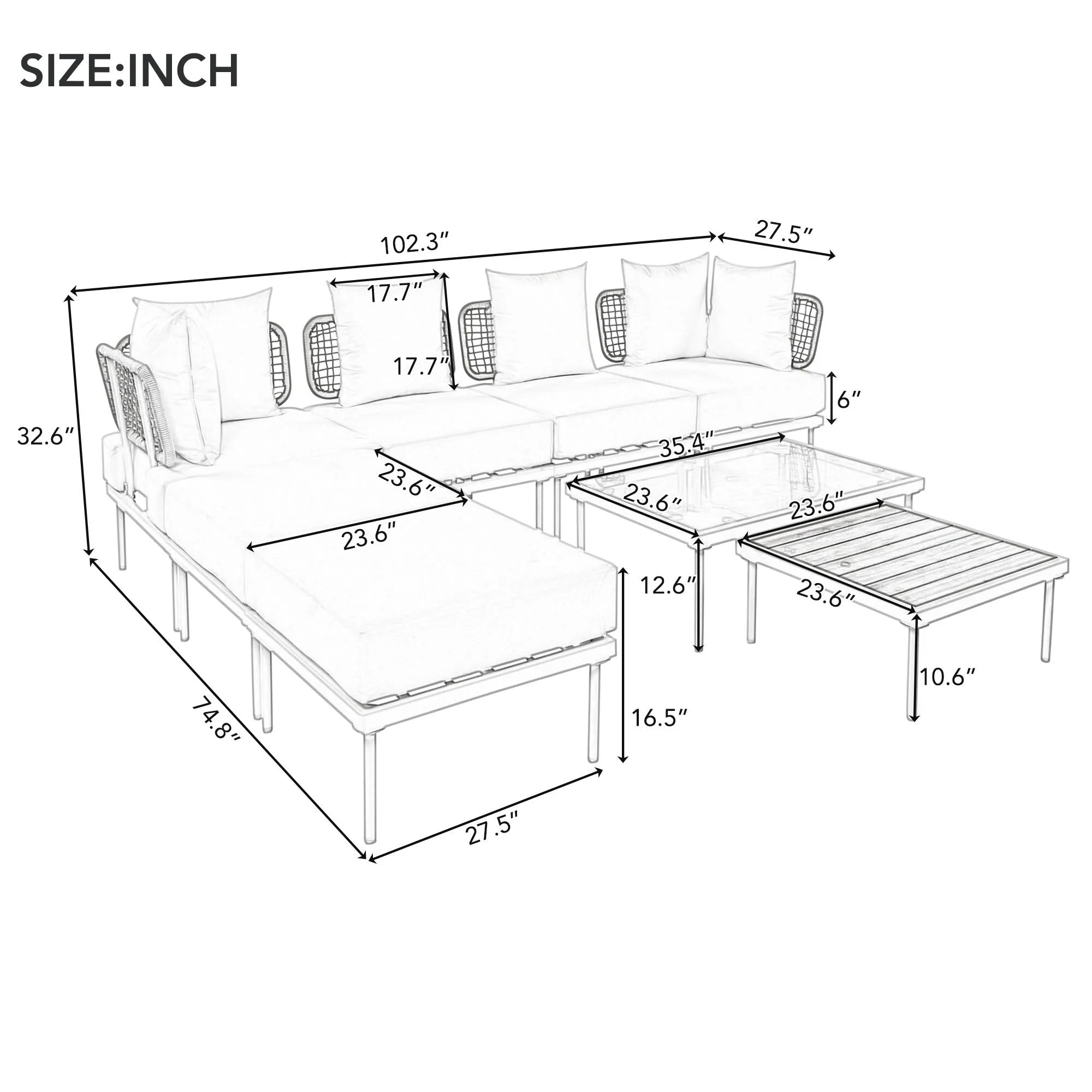 TREXM 8-Piece Patio Sectional Sofa Set with Tempered Glass Coffee Table and Wooden Coffee Table for Outdoor Oasis, Garden, Patio and Poolside (Light Grey Cushion   Black Steel)