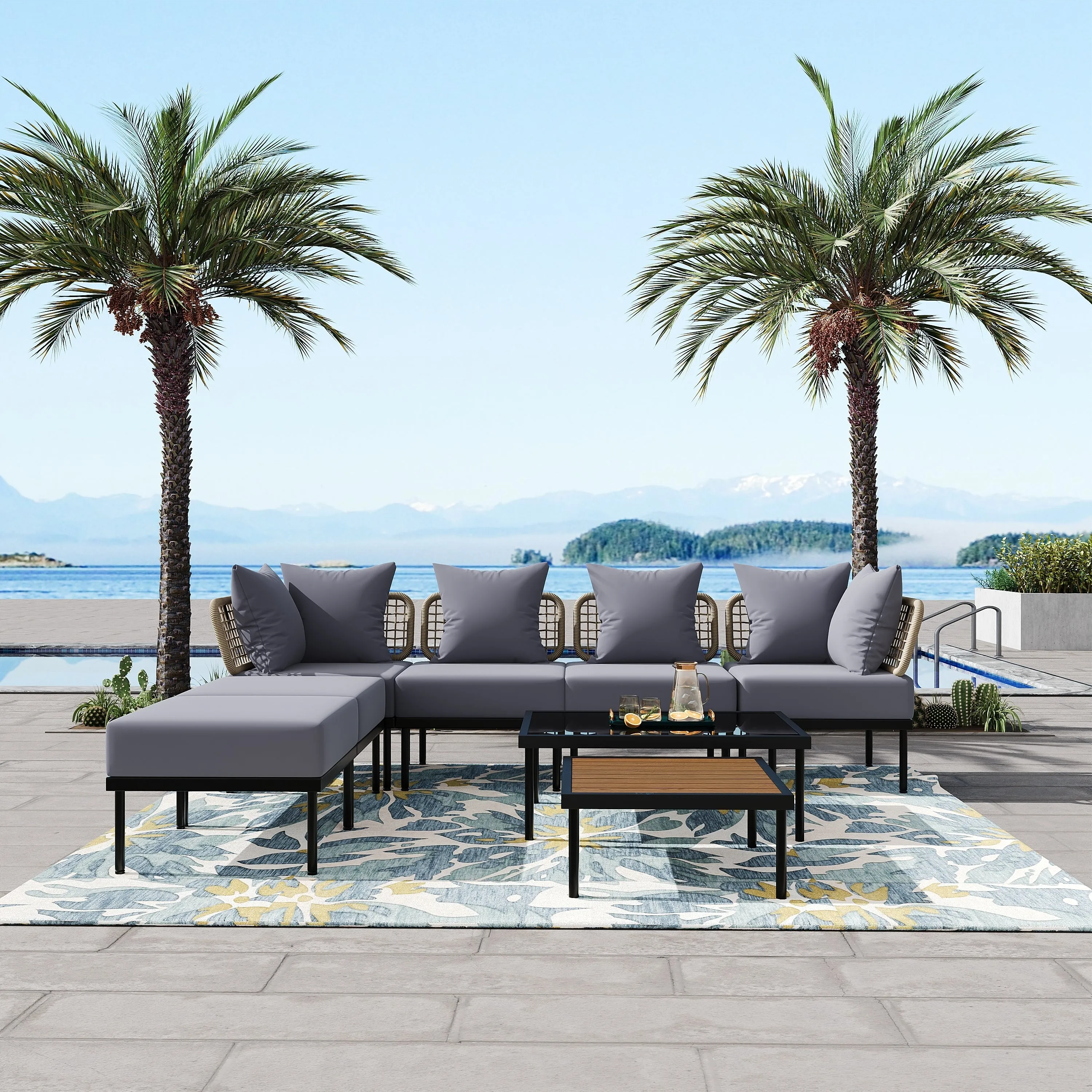 TREXM 8-Piece Patio Sectional Sofa Set with Tempered Glass Coffee Table and Wooden Coffee Table for Outdoor Oasis, Garden, Patio and Poolside (Light Grey Cushion   Black Steel)