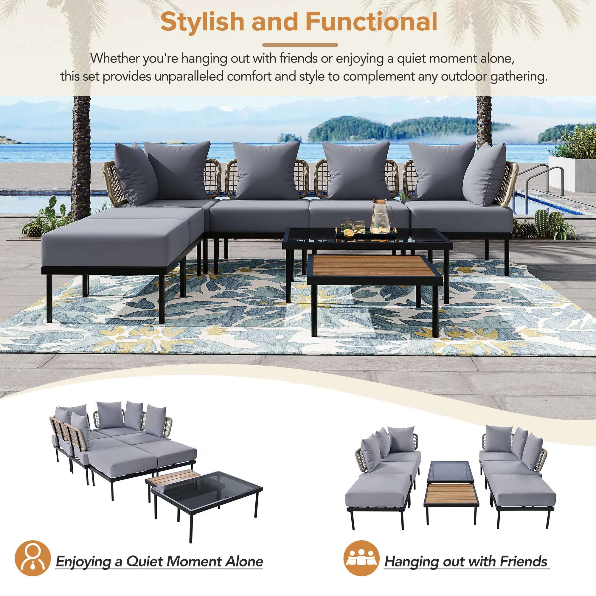 TREXM 8-Piece Patio Sectional Sofa Set with Tempered Glass Coffee Table and Wooden Coffee Table for Outdoor Oasis, Garden, Patio and Poolside (Light Grey Cushion   Black Steel)