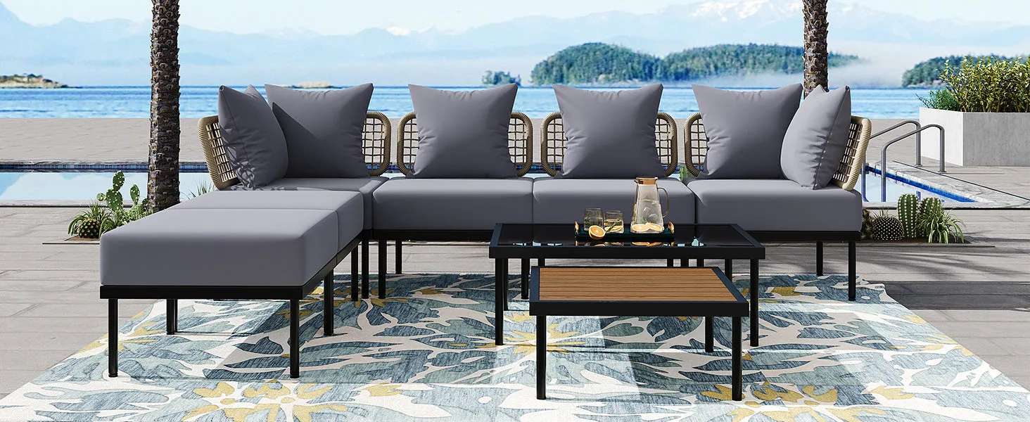 TREXM 8-Piece Patio Sectional Sofa Set with Tempered Glass Coffee Table and Wooden Coffee Table for Outdoor Oasis, Garden, Patio and Poolside (Light Grey Cushion   Black Steel)