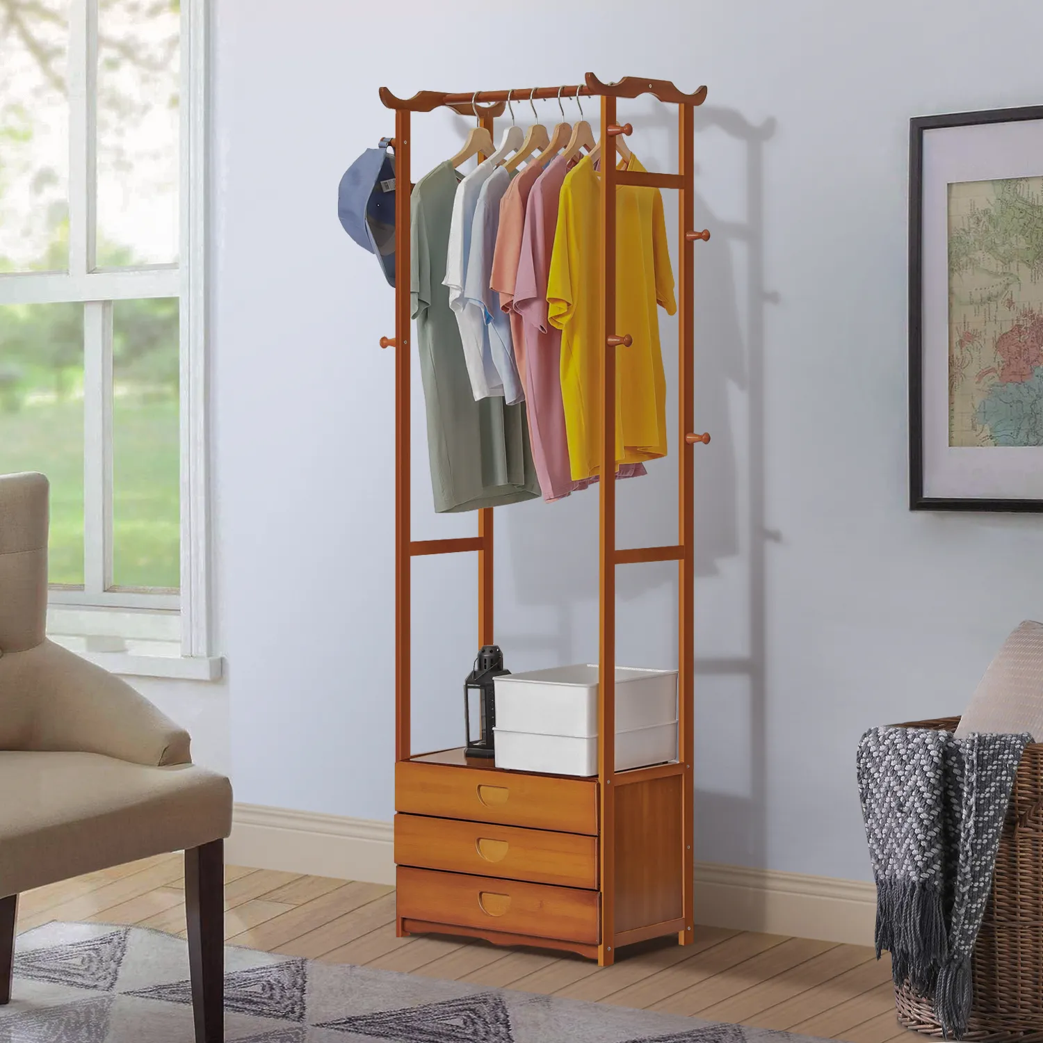 Triple Drawer Garment Hanging Stand Rack - Brown