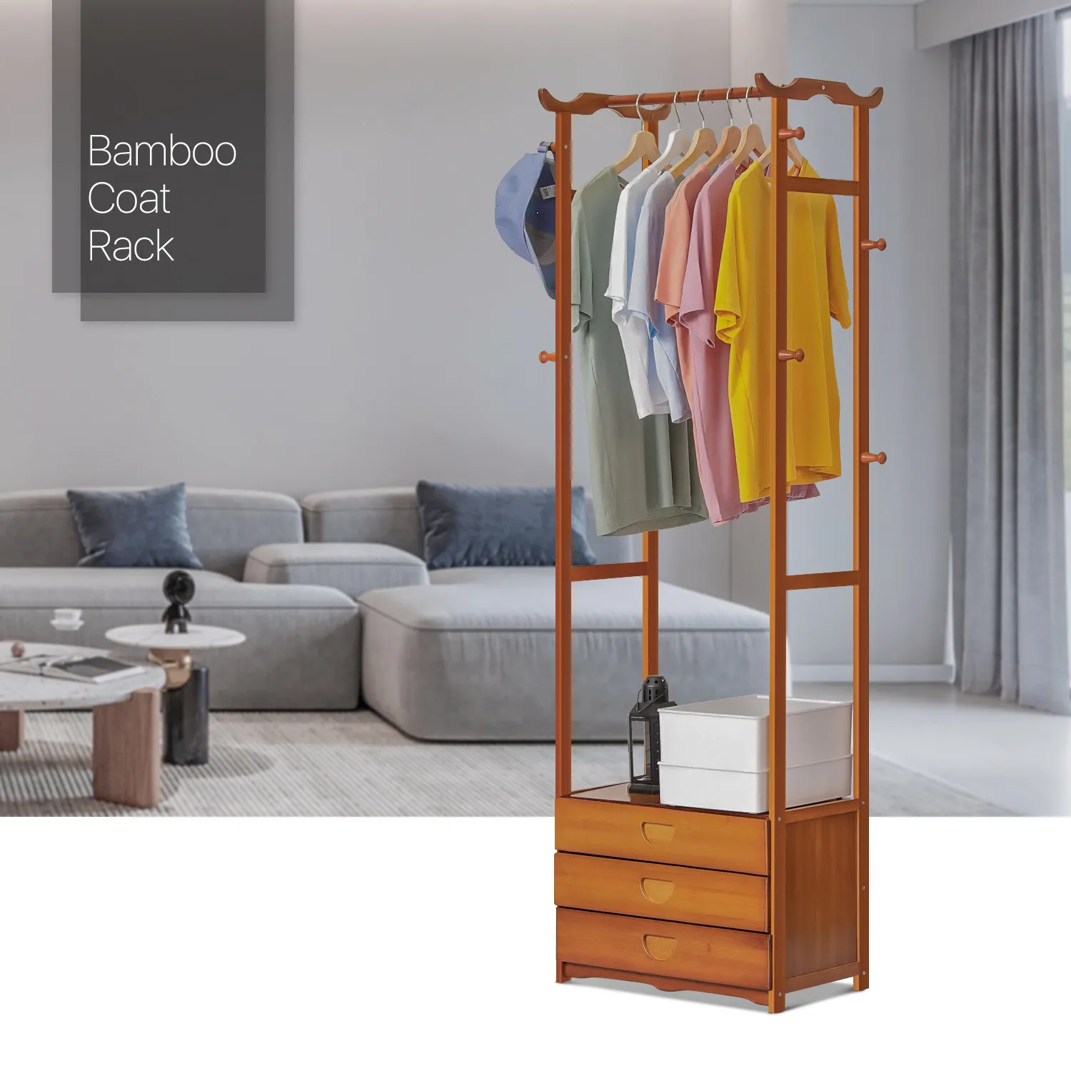 Triple Drawer Garment Hanging Stand Rack - Brown