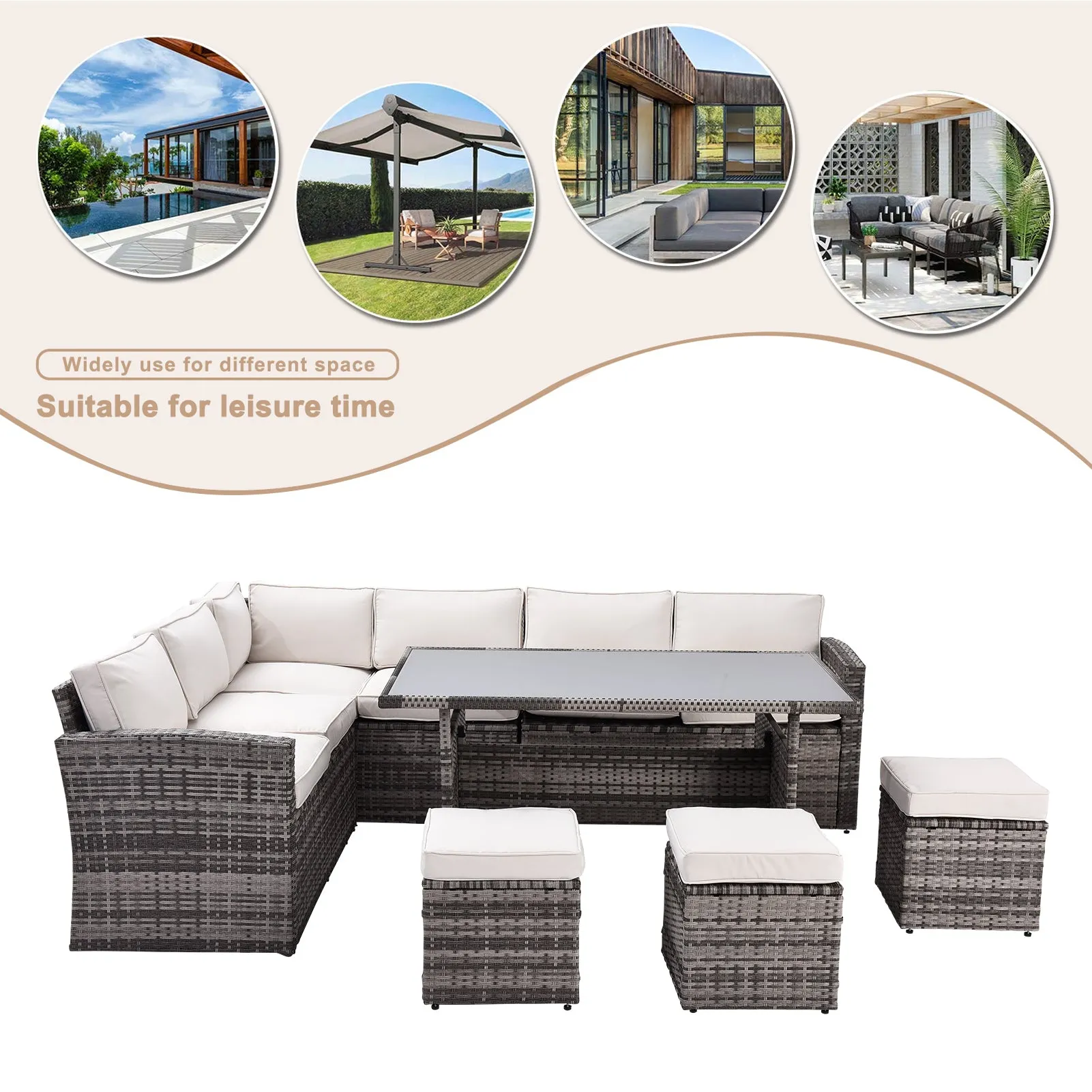 Whaley 7 Pc Outdoor Patio Rattan Sectional Sofa Set - Beige