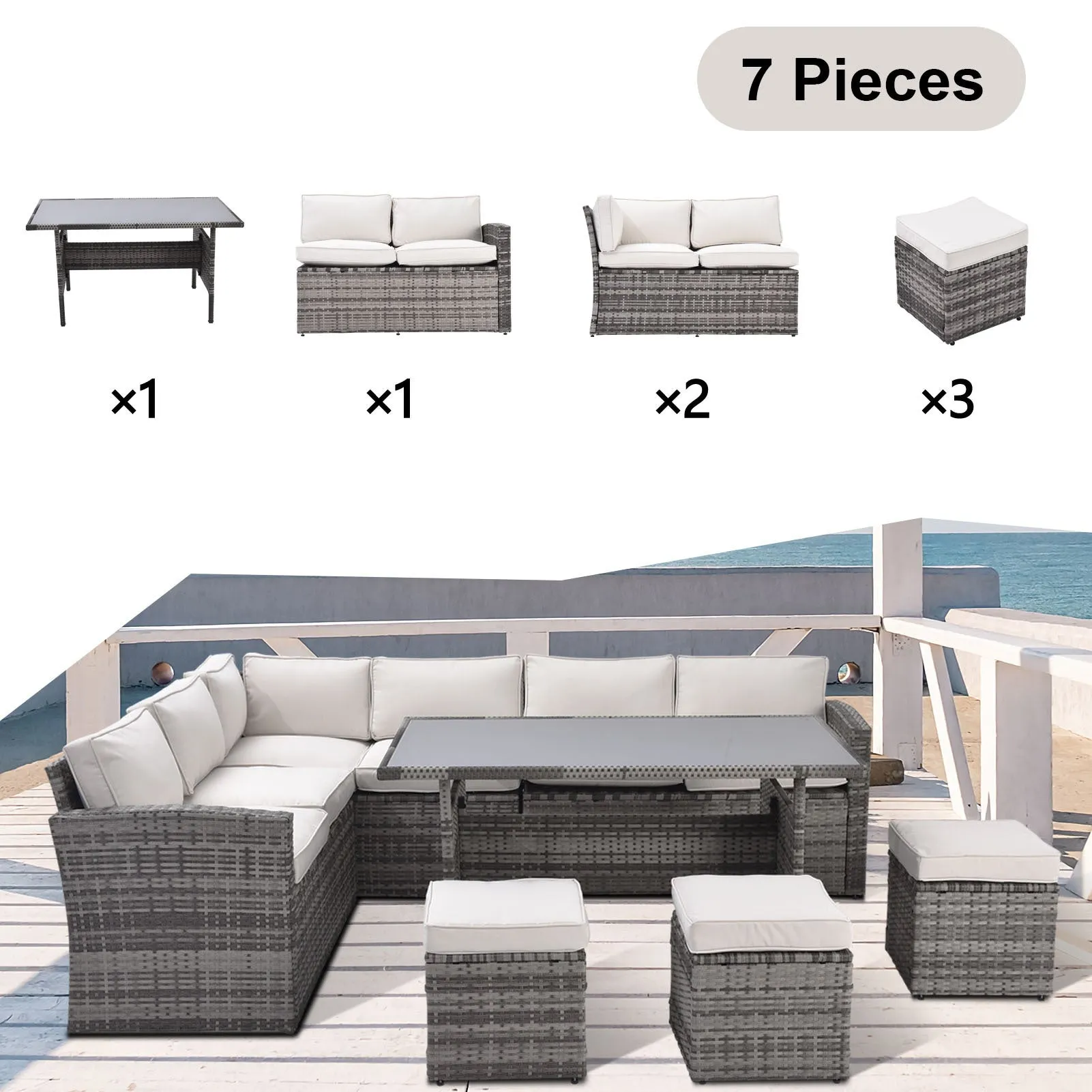 Whaley 7 Pc Outdoor Patio Rattan Sectional Sofa Set - Beige